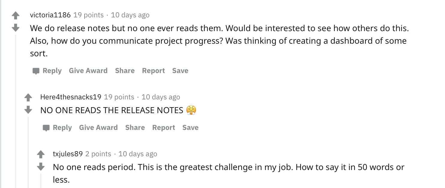 PMs on Reddit agree that nobody reads internal release notes
